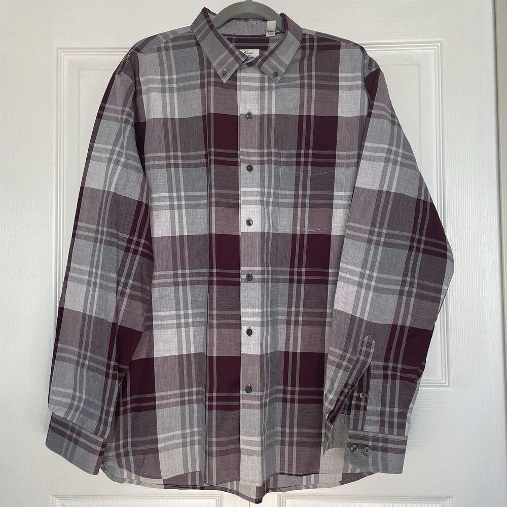 Men’s Van Heusen Burgundy and Gray Plaid Long Sleeve Button Down Shirt Size XL